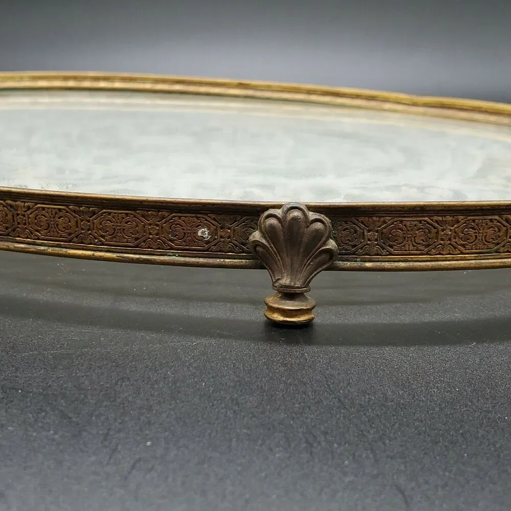 Etchardt VTG Antique 1920's Vanity Tray Silver Handles Lace Glass Brass Copper